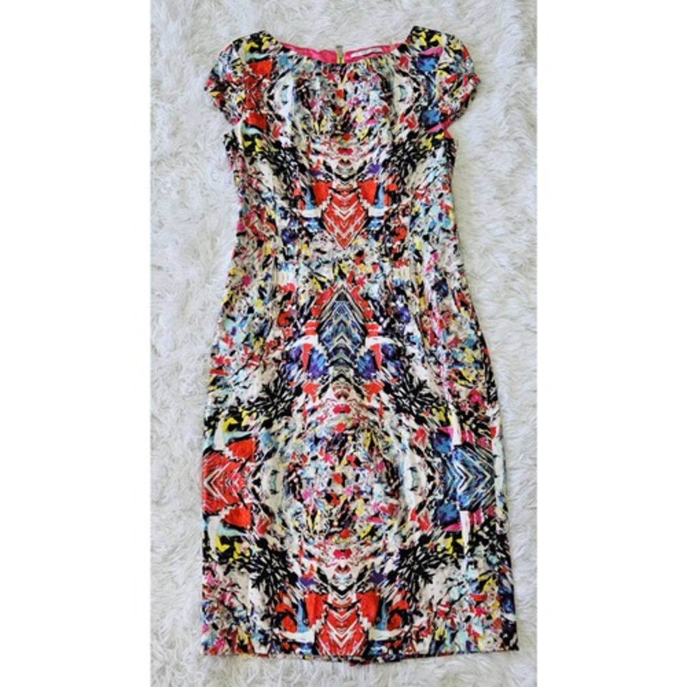T Tahari Sz 2 Skyler Colorful Kaleidoscope Print Cap Sleeve Mini Shift Dress‎
